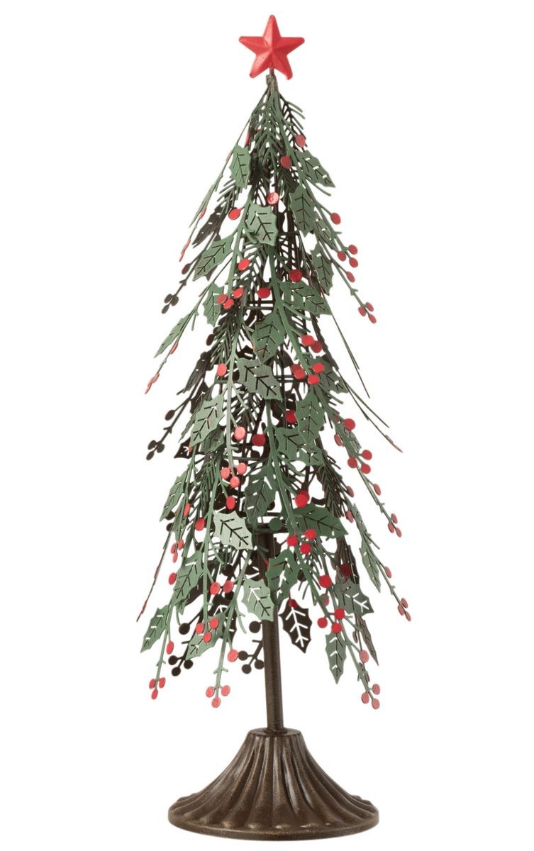 Zelený kovový vánoční stromek s listy a bobulemi cesmíny - Ø 12*40cm J-Line by Jolipa