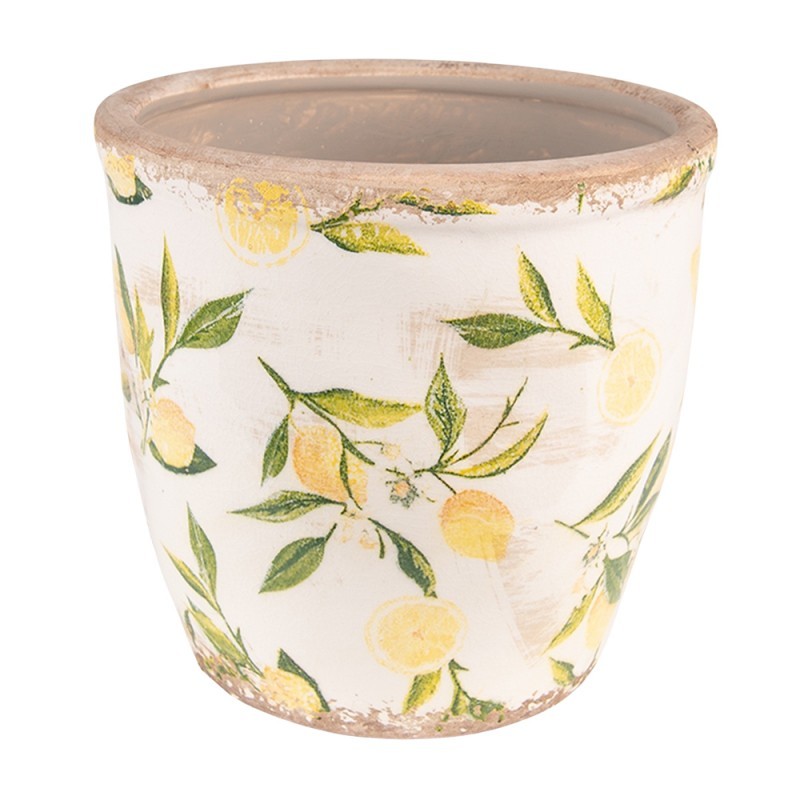 Béžový keramický obal na květináč s citróny - Ø 17*16 cm Clayre & Eef