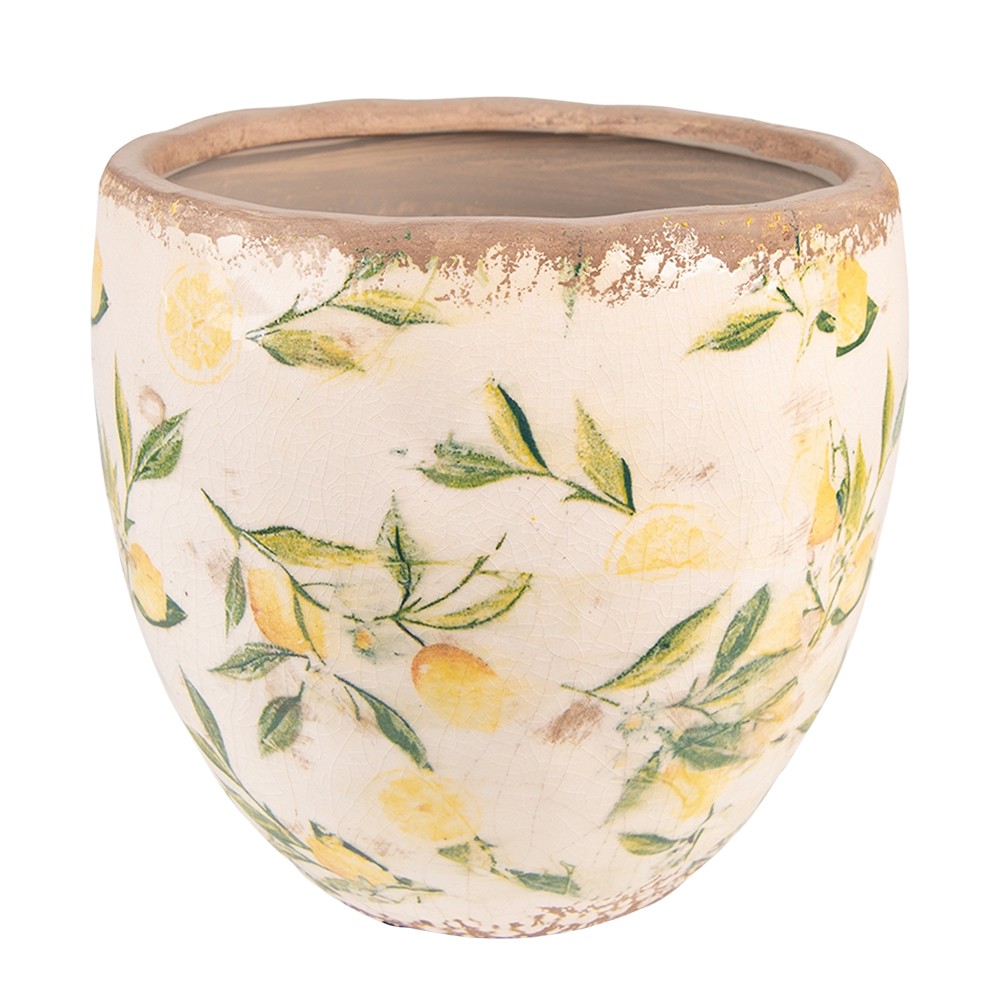 Béžový keramický obal na květináč s citróny Lemonio L - Ø19*19 cm