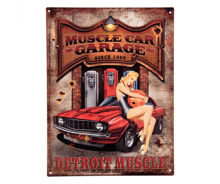 Antik nástěnná kovová cedule Muscle Car Garage - 25*1*33 cm