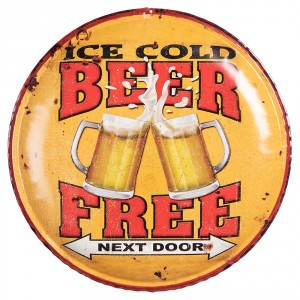 Žlutá nástěnná kovová kulatá cedule na zeď Beer Free - Ø 35*2 cm
