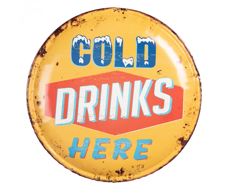 Žlutá nástěnná kovová kulatá cedule na zeď Cold drinks Here - Ø 35*2 cm