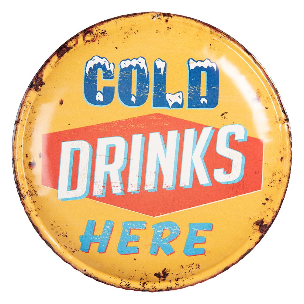 Žlutá nástěnná kovová kulatá cedule na zeď Cold drinks Here - Ø 35*2 cm 6Y5009