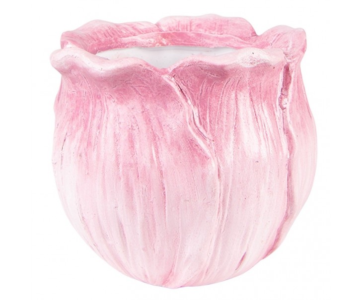 Růžový keramický obal na květináč ve tvaru květu tulipánu - Ø 12*10 cm