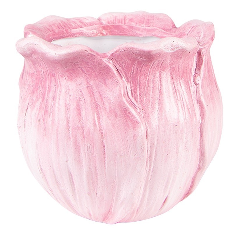 Růžový keramický obal na květináč ve tvaru květu tulipánu - Ø 12*10 cm Clayre & Eef
