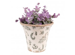 Béžový antik keramický obal na květináč se zelenými květy M - Ø 14*13 cm