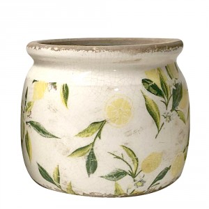 Béžový keramický obal na květináč s citróny Lemonio M - Ø15*13 cm