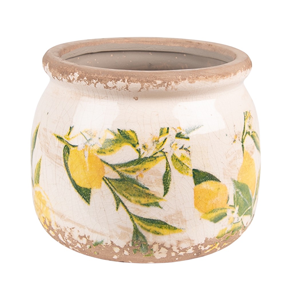 Béžový keramický obal na květináč s citróny Lemonio S - Ø12*9 cm Clayre & Eef