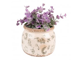 Béžový antik keramický obal na květináč se zelenými květy S - Ø12*9 cm