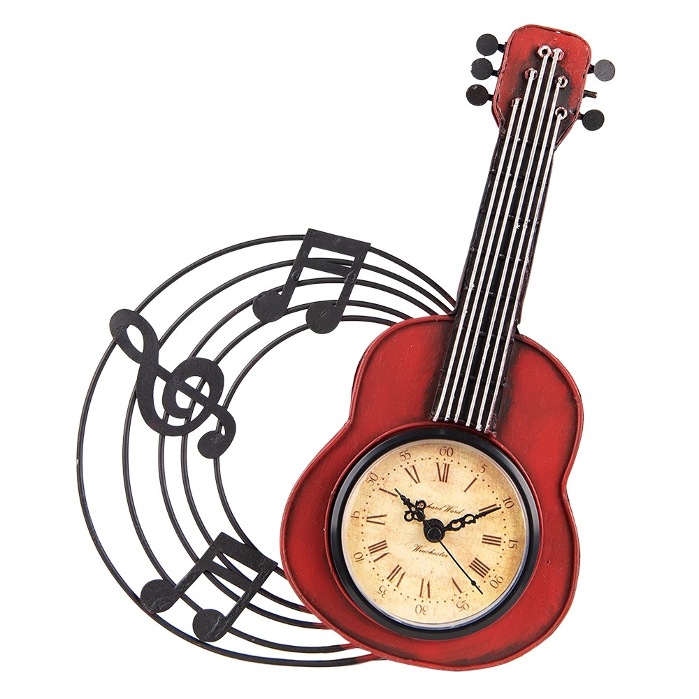 Nástěnné kovové hodiny červená kytara Guitar - 28*4*22 cm / 1*AA Clayre & Eef