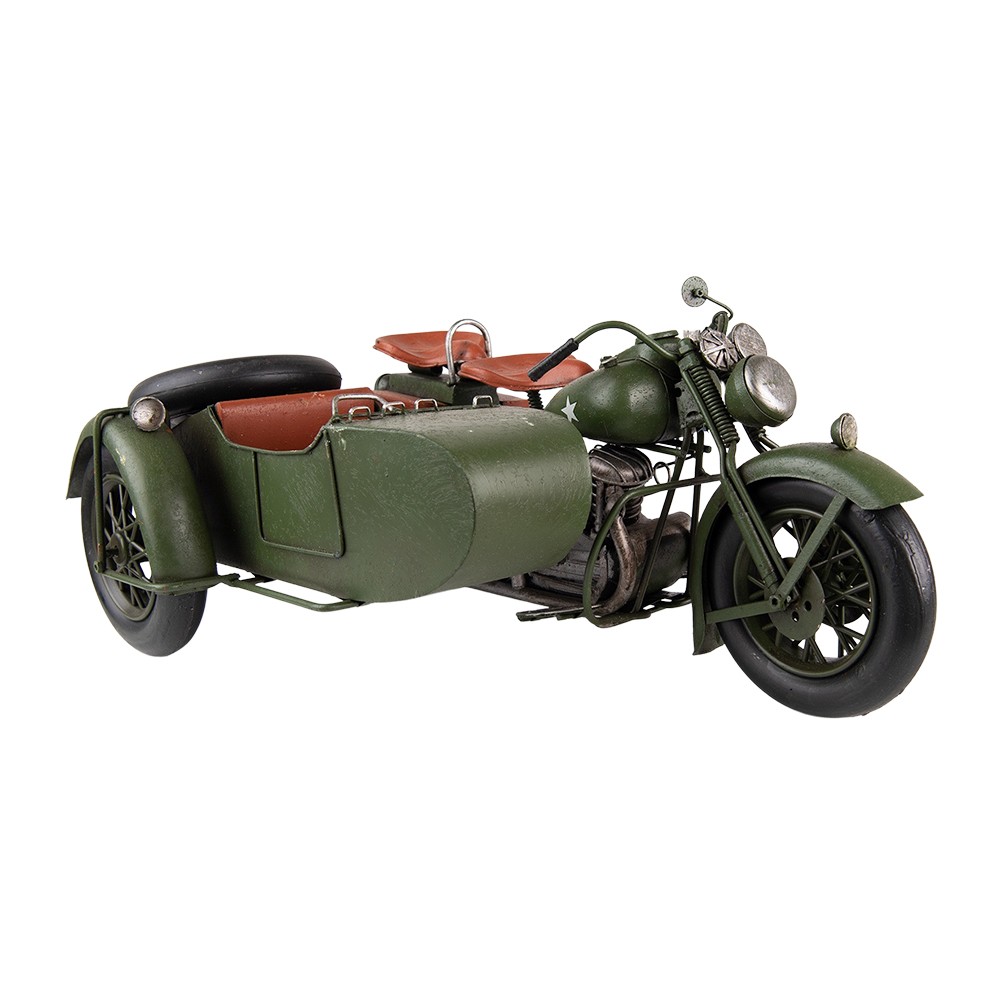 Dekorativní retro model zelená vojenská motorka se sajdkárou - 38*26*18 cm 6Y4962
