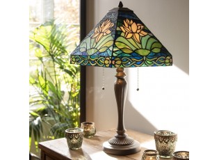 Modrá stolní lampa Tiffany s leknínem Waterlily - 31*31*61 cm E27/max 2*60W