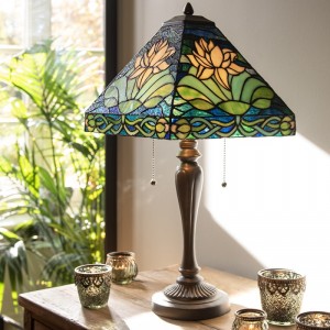 Modrá stolní lampa Tiffany s leknínem Waterlily - 31*31*61 cm E27/max 2*60W