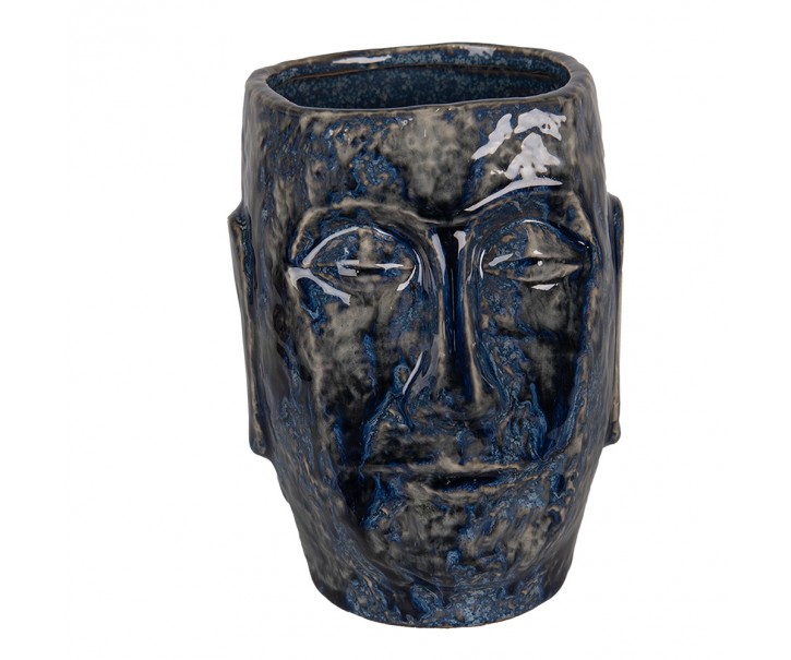 Modrý keramický obal na květináč/ váza s obličejem Blue Dotty L - 17*14*21 cm