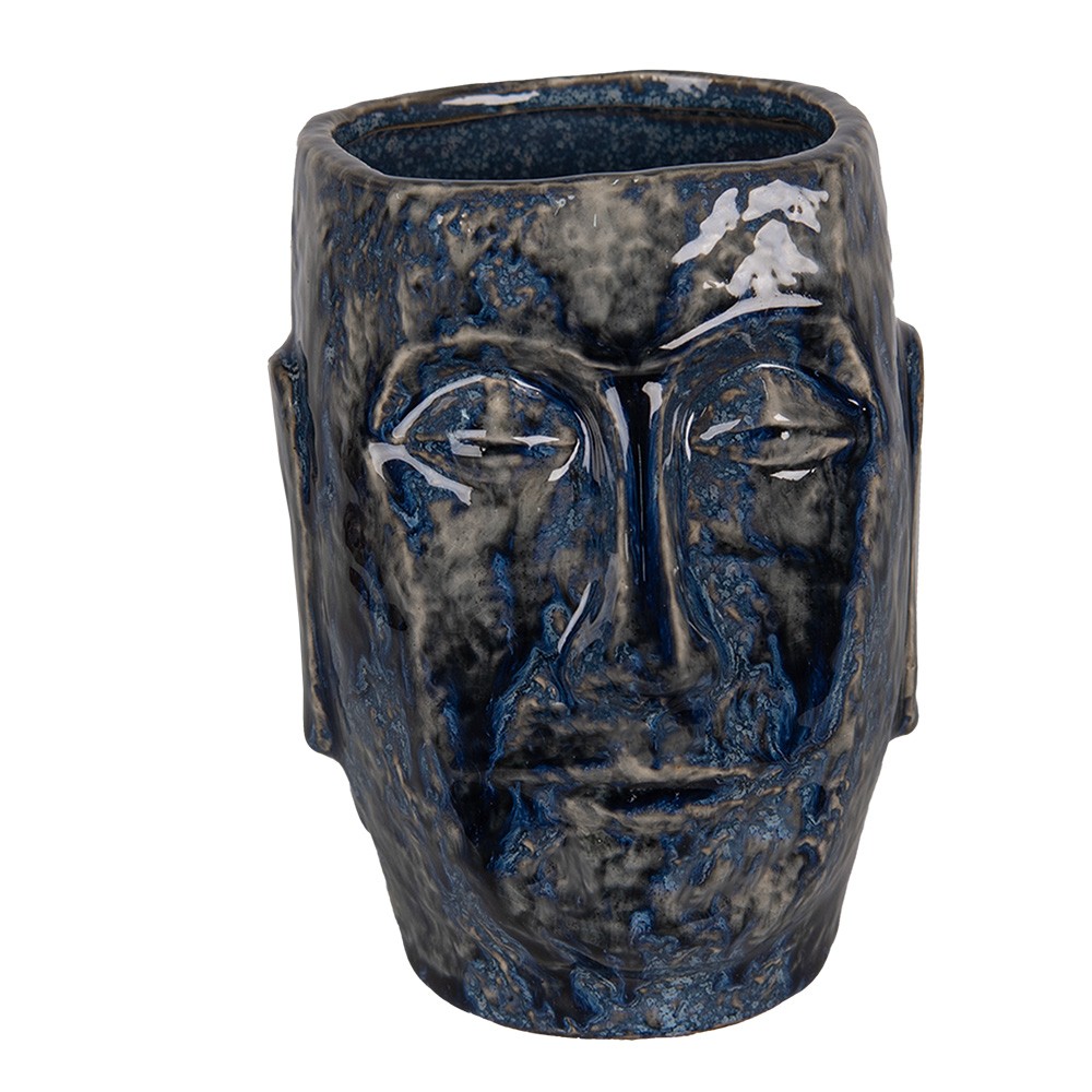 Modrý keramický obal na květináč/ váza s obličejem Blue Dotty L - 17*14*21 cm Clayre & Eef