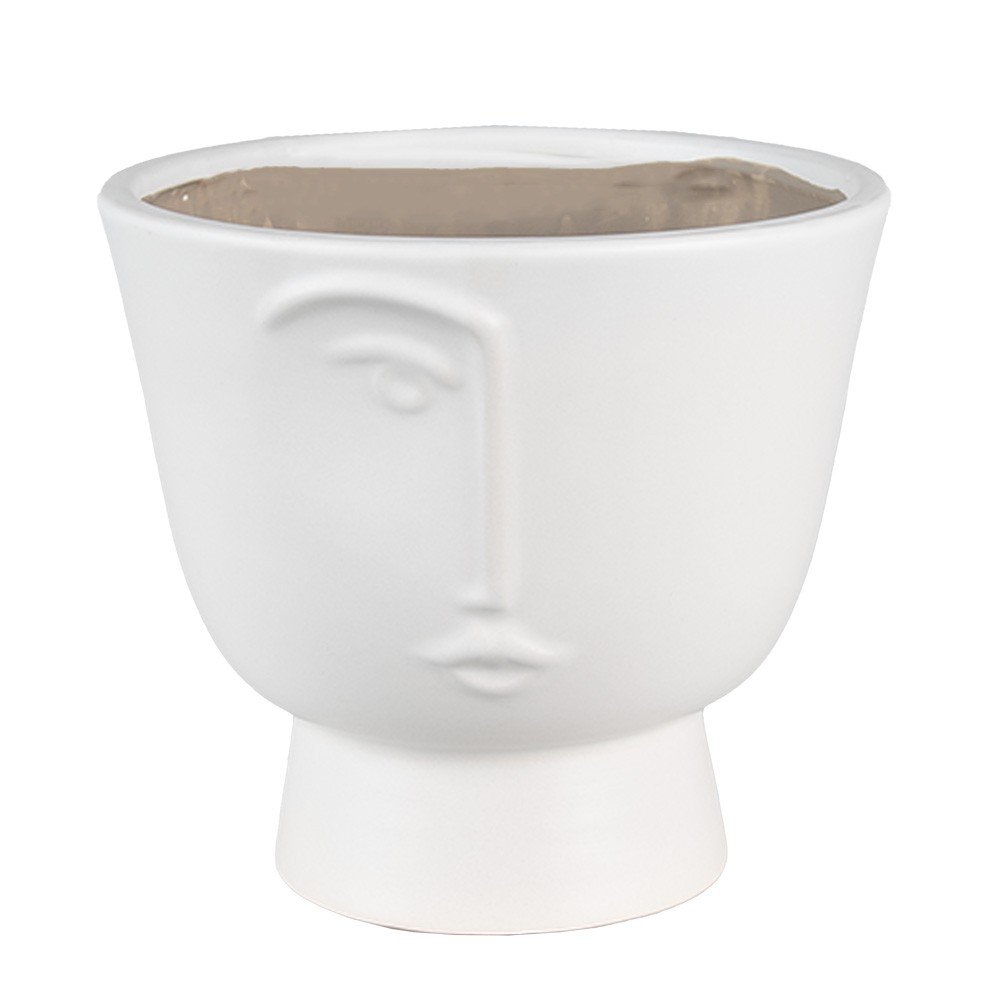 Bílý keramický obal na květináč s polovinou obličeje Facia - Ø 17*15 cm