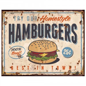 Béžová antik nástěnná kovová cedule Hamburgers - 25*1*20 cm