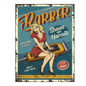 Modrá nástěnná kovová cedule Barber - 25*1*33 cm