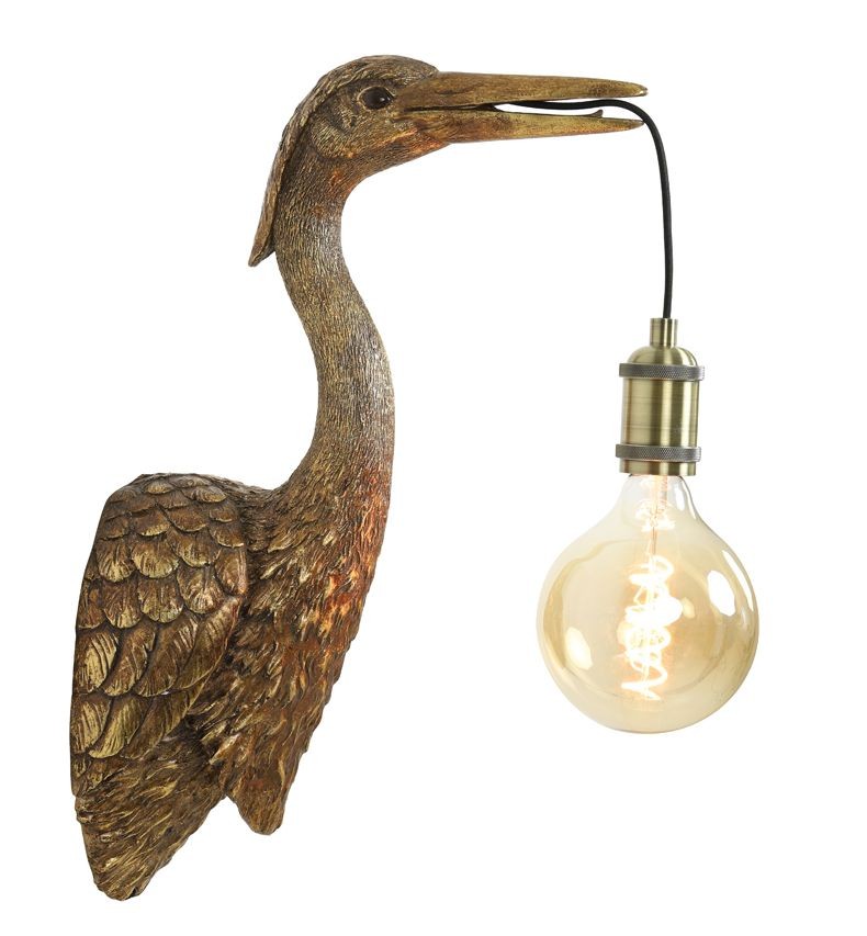 Bronzová antik nástěnná lampa jeřáb Crane - 30*16*48 cm / E27