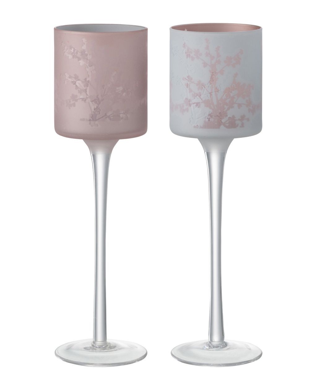 2ks růžový a modrý skleněný svícen na úzké noze na čajovou svíčku Sakura - Ø 7*25 cm