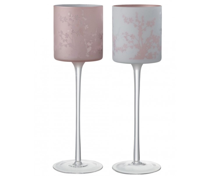 2ks růžový a modrý skleněný svícen na úzké noze na čajovou svíčku Sakura - Ø 9*30 cm