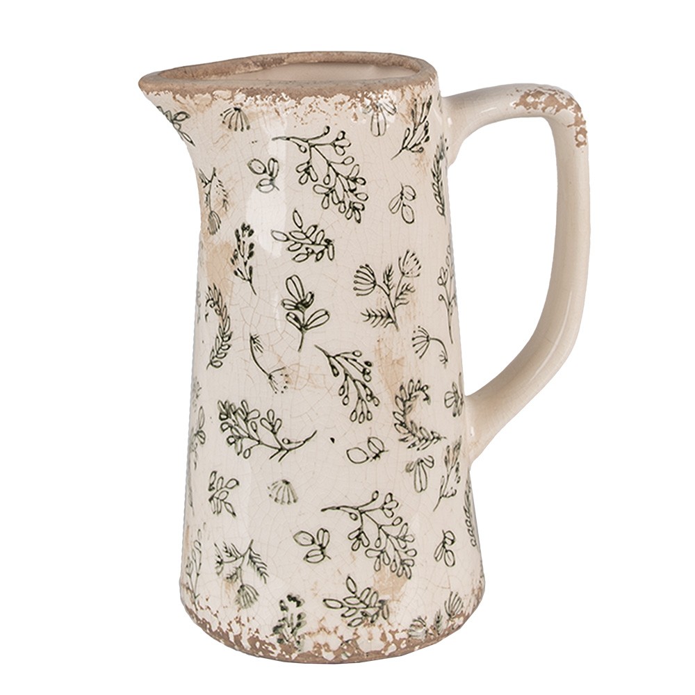 Béžový antik keramický džbán se zelenými květy - 15*10*19 cm 6CE1547