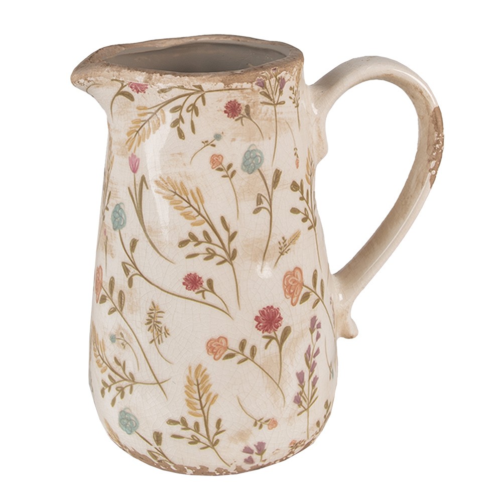 Béžový keramický dekorační džbán s kvítky Floral Cartoon - 16*11*18 cm Clayre & Eef