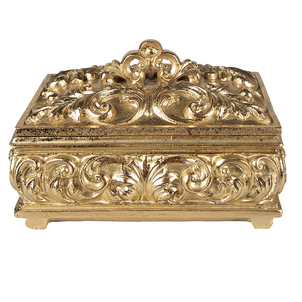 Zlatá antik obdélníková zdobená šperkovnice s víkem - 15*10*9 cm Clayre & Eef