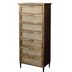 Hnědá antik dřevěná komoda se šuplíky a výpletem French wicker - 54*32*125cm
