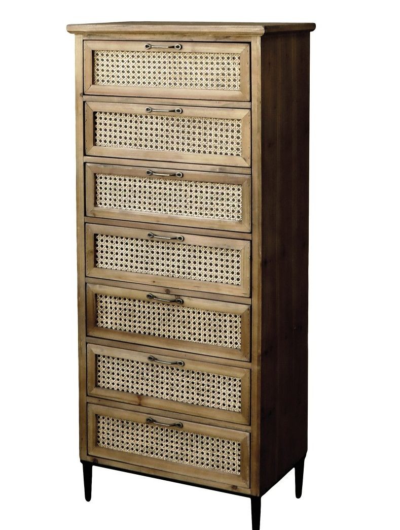 Hnědá antik dřevěná komoda se šuplíky a výpletem French wicker - 54*32*125cm