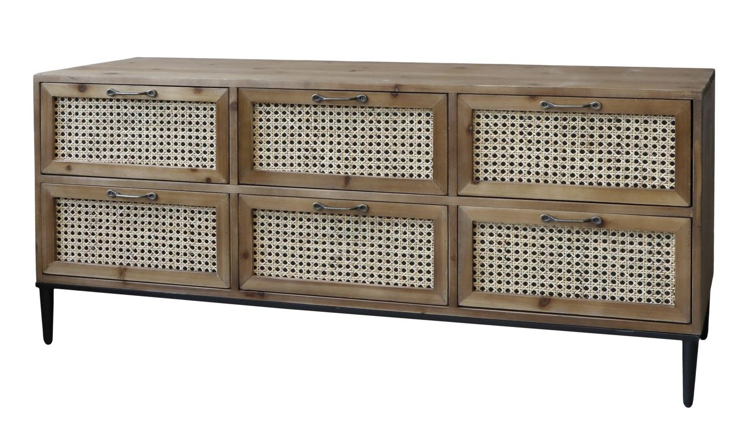 Hnědá antik dřevěná komoda se šuplíky a výpletem French wicker - 122*36*51cm