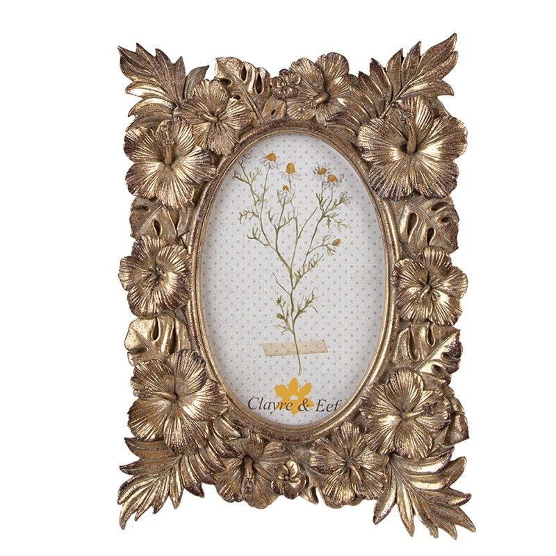 Zlatý antik fotorámeček s květy ibišku - 17*2*23 cm / 10*15 cm Clayre & Eef