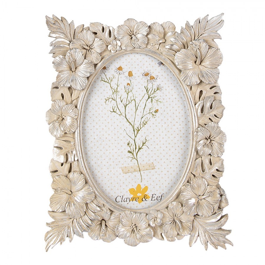 Béžovo-stříbrný antik fotorámeček s květy ibišku - 19*3*25 cm / 13*18 cm Clayre & Eef
