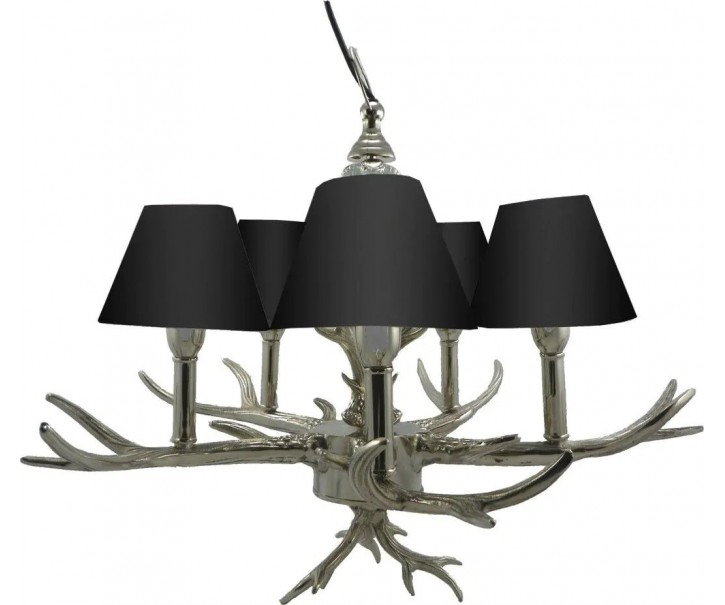 Stříbrný lustr s parožím a 5ti černými stínidly Antlers - 61*61*48cm