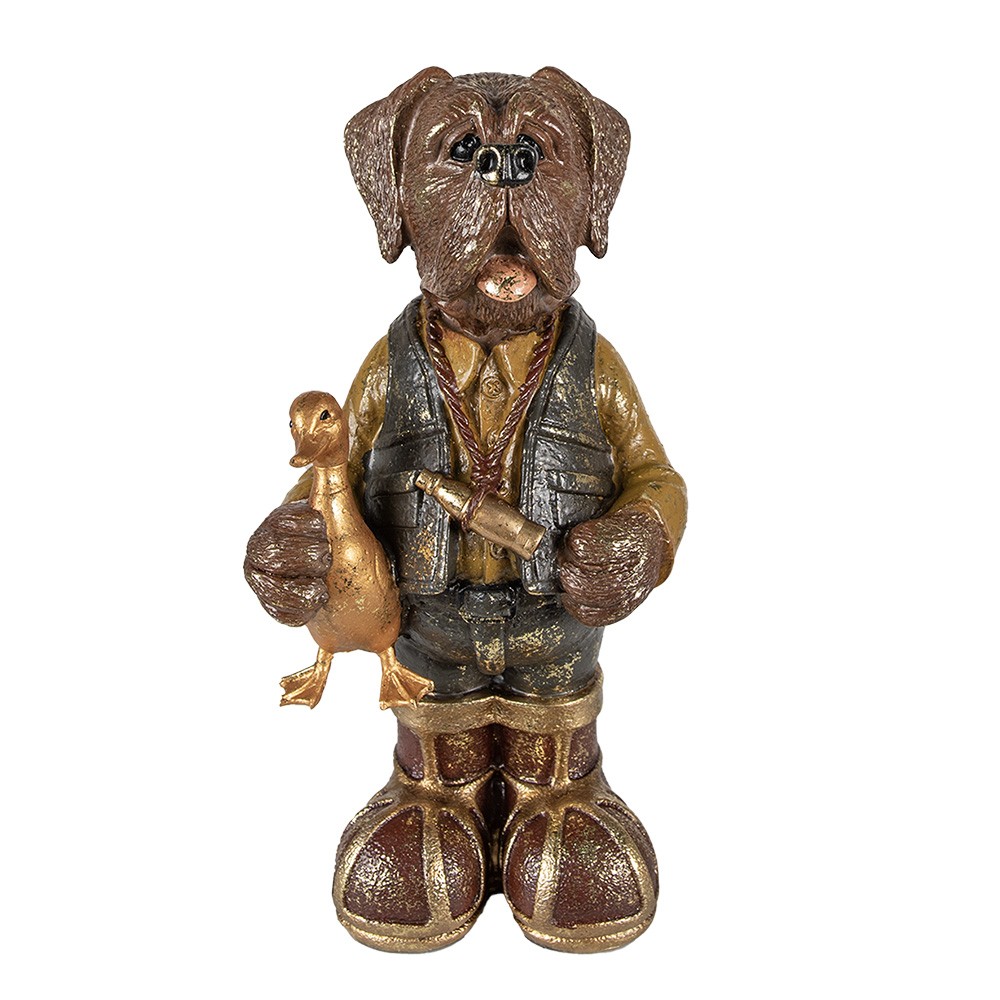 Hnědo-zelená dekorativní figurka pes držící kachnu - 16*14*34 cm Clayre & Eef