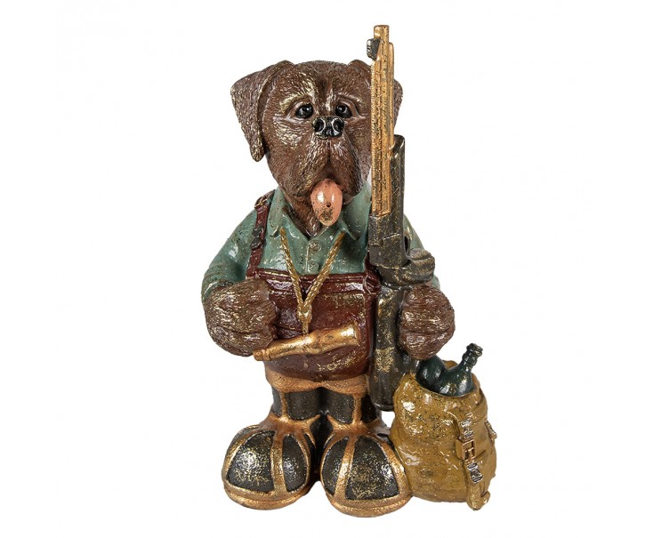 Hnědo-zelená dekorativní figurka pes držící pušku - 20*13*32 cm