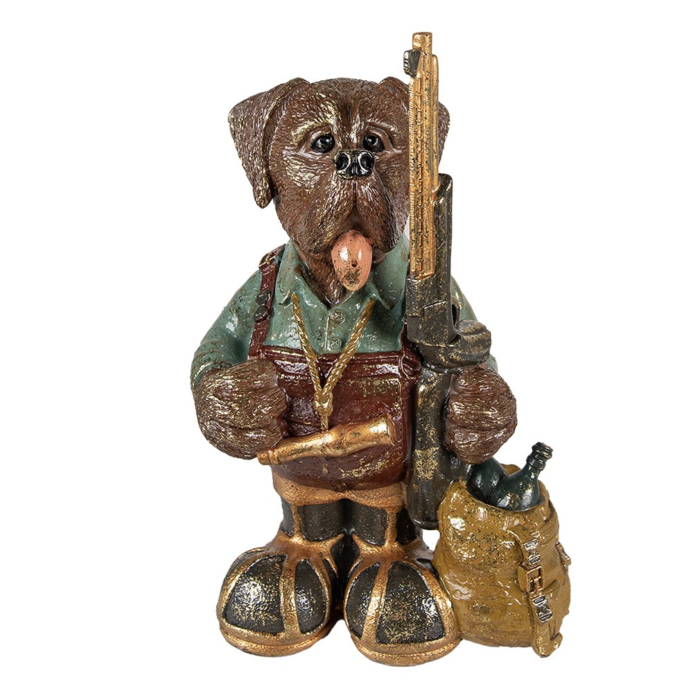Hnědo-zelená dekorativní figurka pes držící pušku - 20*13*32 cm Clayre & Eef