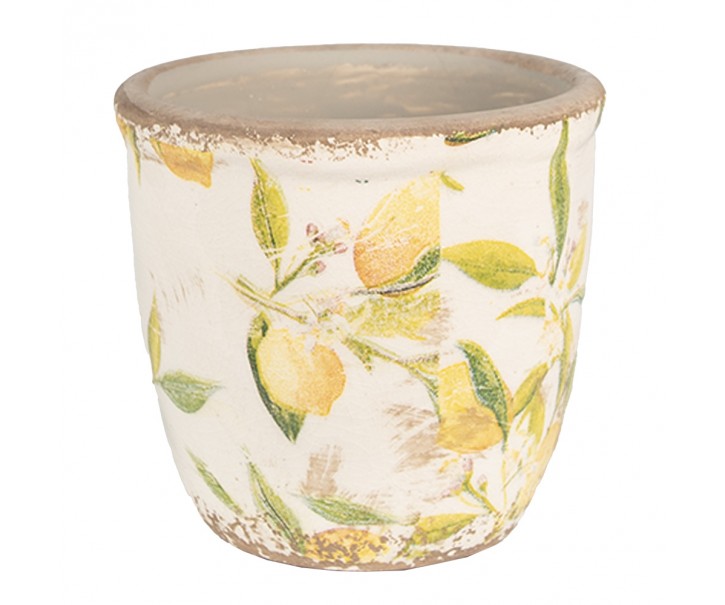 Béžový keramický obal na květináč s citróny Lemonio M - Ø14*13 cm