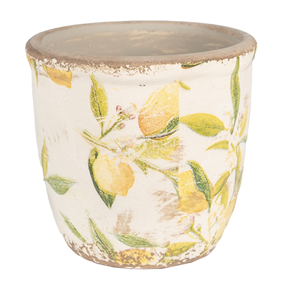 Béžový keramický obal na květináč s citróny Lemonio M - Ø14*13 cm Clayre & Eef