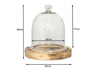 Hnědý dřevěný kulatý podnos se skleněným poklopem  - Ø 21*25 cm
