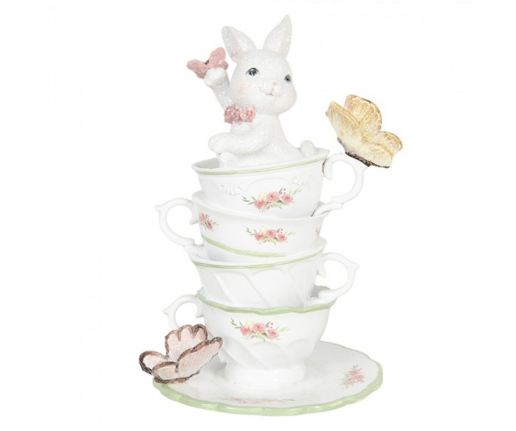 Dekorace králíka v porcelánových šálcích s motýly - 13*13*20 cm