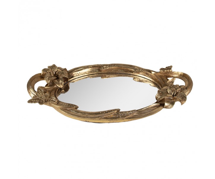 Zlatý antik oválný dekorativní podnos se zrcadlem a květy - 45*25*5 cm
