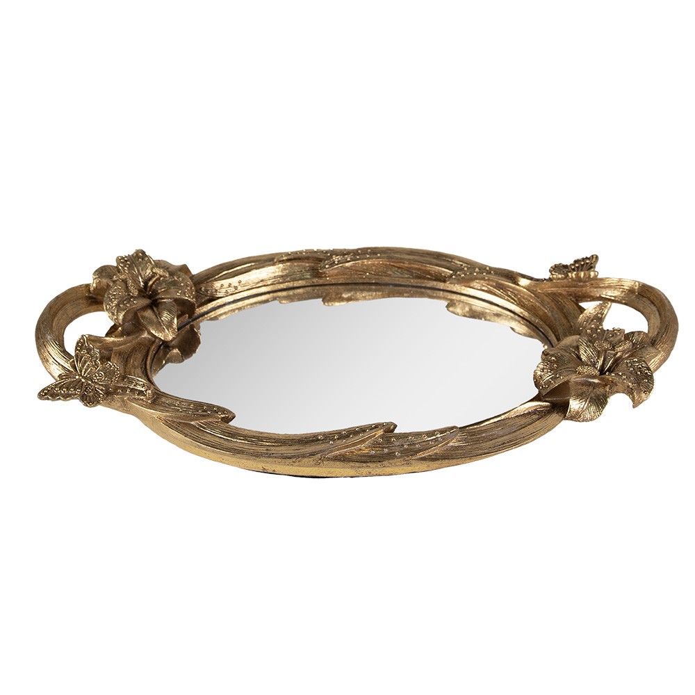 Zlatý antik oválný dekorativní podnos se zrcadlem a květy - 45*25*5 cm 65131