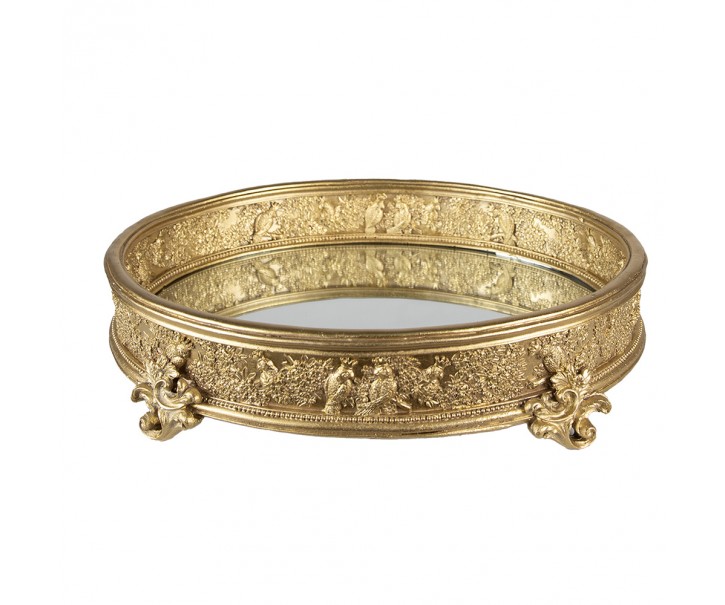 Zlatý antik dekorativní kulatý podnos se zrcadlem - 37*29*8 cm