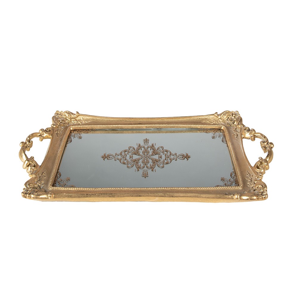 Zlatý antik dekorativní podnos se zrcadlem a ornamenty - 40*20*4 cm Clayre & Eef