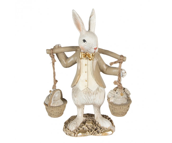 Béžová dekorace socha králík s kuřátky ve kbelíku - 12*6*17 cm