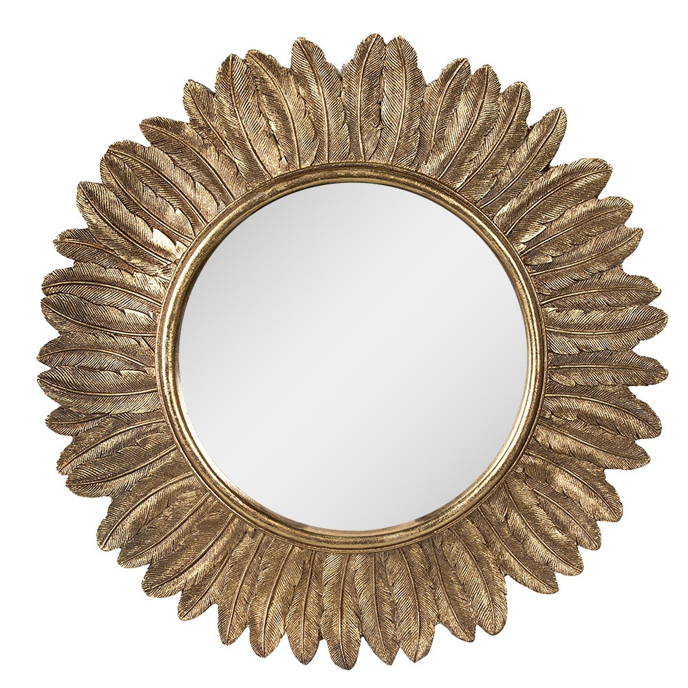 Zlaté antik nástěnné kulaté zrcadlo s peříčky - Ø 31*2 cm Clayre & Eef