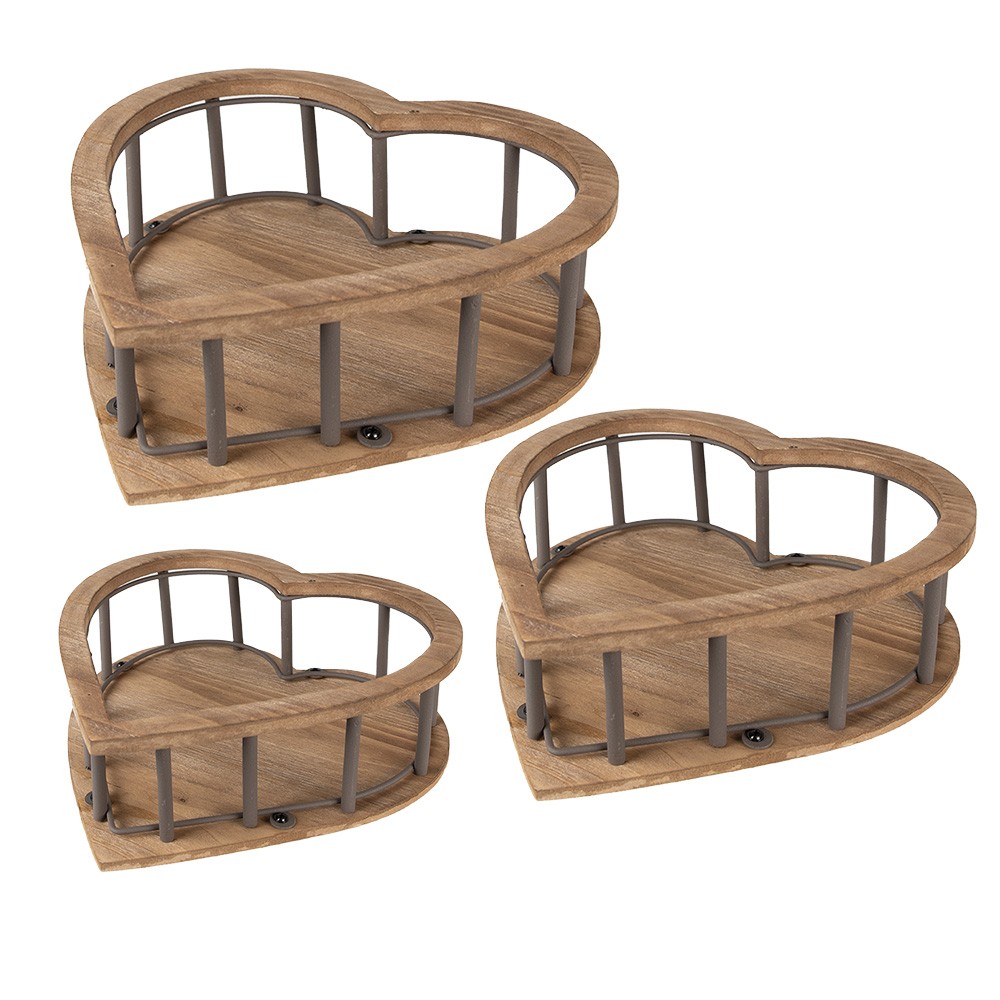 3ks hnědý dřevěný úložný košík ve tvaru srdce - 33*33*10 / 26*26*9 / 20*20*8 cm
