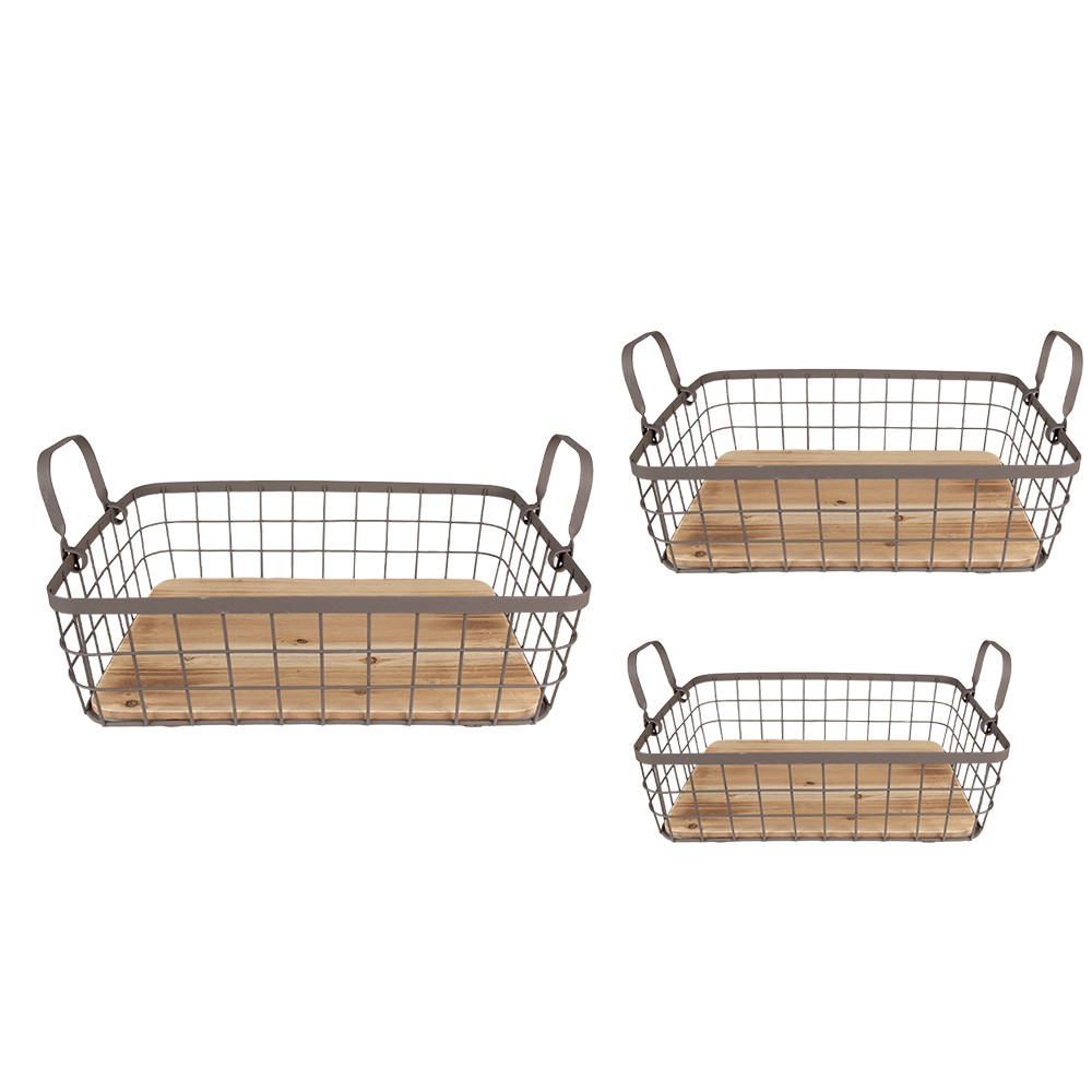 Set 3ks hnědý drátěný košík s dřevěným dnem a uchy - 38*28*11 / 33*23*10 / 28*18*9 cm