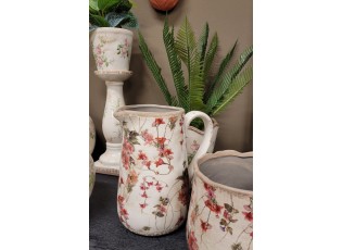 Béžový keramický dekorační džbán s výraznými květy - 16*12*18 cm